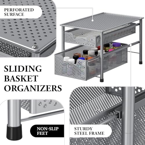 Simple Houseware Stackable 2 Tier Sliding Basket Organizer Drawer, Silver - Image 4