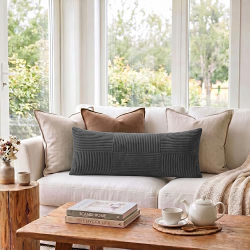 Fancy Homi Set of 2 Dark Gray Boho Long Lumbar Body Decorative Throw Pillow Cover 14x36 Inch for Bed Couch Bedroom Bench, Soft Patchwork Corduroy Textured Pillow Case, Rustic Farmhouse Room Décor - Image 2