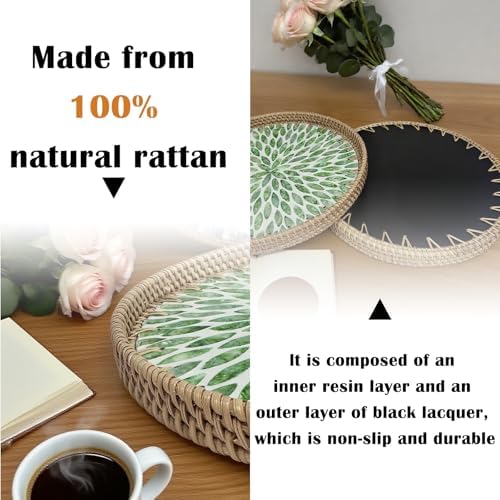 Round Rattan Tray with Mother of Pearl Inlay, Decorative Basket with Wooden Base, Woven Tray for Kitchen Island Decor, Table Decor, Storage and Display of Food (Checkerboard, 13.8") - Image 4