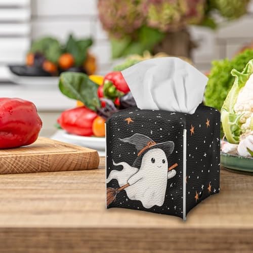 Halloween Black Cute Ghost Tissue Holder Faux Leather Square Tissue Box Covers Soft Folding Easy to Clean Decorative Bathroom Accessory Tissue Box Organizer for Table, Desk, or Countertop - Image 5