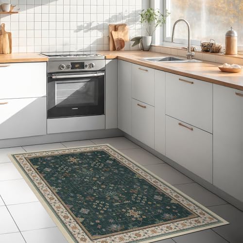 Dark Green Oushak 3x5 Large Entryway Rug - Modern Vintage Boho Eclectic Floral Pastel, Washable Low Pile Non-Slip Area Rugs for Door Mat Indoor Entrance, Kitchen, Bedroom Beside Bed, Laundry - Image 3