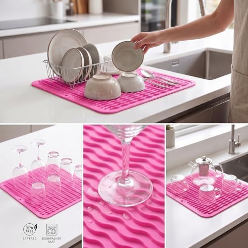 MicoYang Silicone Dish Drying Mat for Multiple Usage,Easy clean,Eco-friendly,Heat-resistant Silicone Mat for Kitchen Counter or Sink,Refrigerator or Drawer liner Rose M 12 inches x 12 inches - Image 4