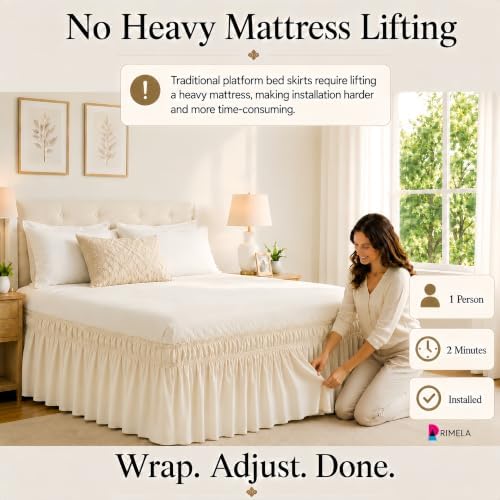 Wrap Around Bed Skirt Queen 15" Drop, Light Beige, Elastic Stay-Put Fit - Image 3