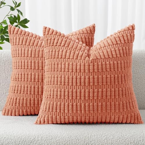 MIULEE Corduroy Decorative Throw Pillow Covers 18x18 Coral Pack of 2 by MIULEE