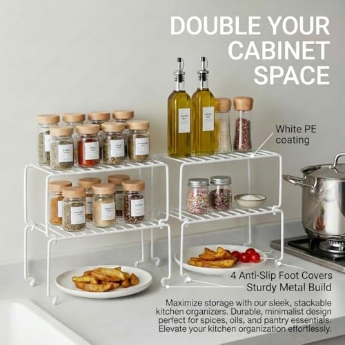 2-Pack Small (10.8x5.3inch) White Stackable Shelf Organizer Rack, Kitchen Shelves Organization for Cabinet, Pantry Organizers and Storage, Wire Shelf Rack, Desk Organizer, Rustproof - Image 2