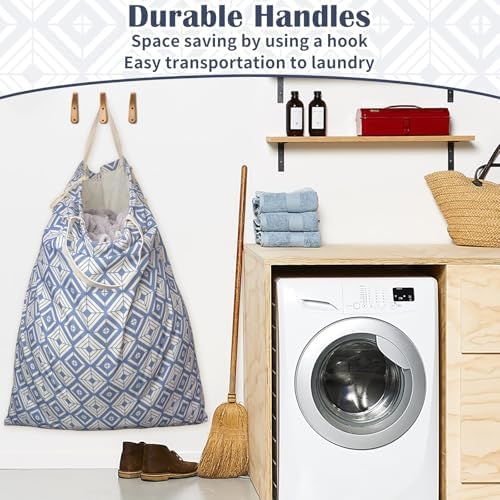 Canvas Laundry Bag with Handles & Drawstring, XL 33"Wx 35"H,Geometry Blue - Image 4