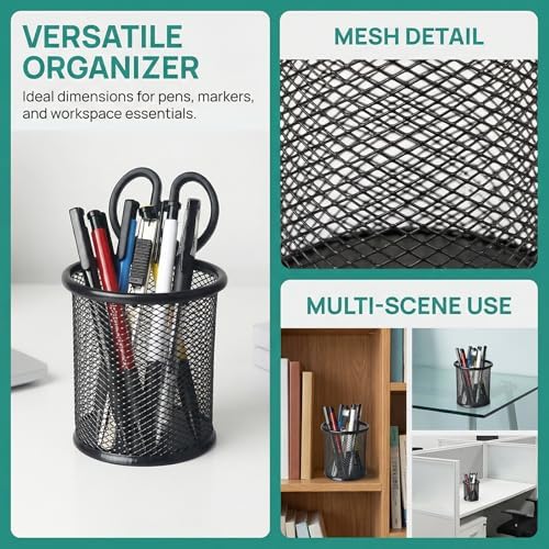 Nicunom 12 Pack Metal Pen Holder Wire Mesh Pen Cup Pencil Holder Pencil Cup for Desk Office Pen Organizer, Black - Image 4