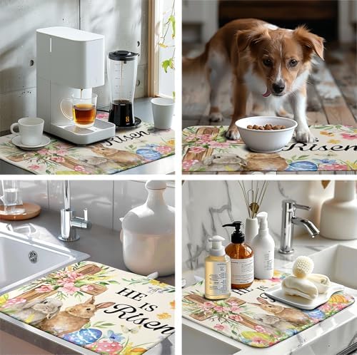 Easter He Is Risen Bunny Dish Drying Mat for Kitchen Counter Spring Easter Cross Floral Eggs Drying Pad 18x24 In Microfiber Absorbent Holiday Dishes Drainer for Kitchen Counter Tableware - Image 7