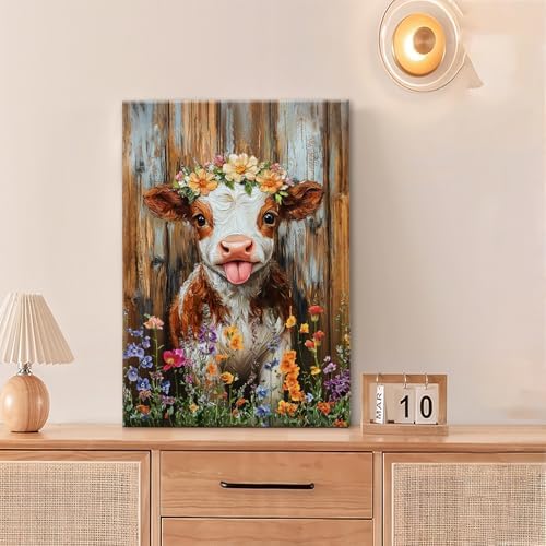 Funny Cow Bathroom Pictures Wall Art, Rustic Brown Cute Cow Bathroom Wall Decor, Farmhouse Floral Framed Painting Animal Flower Canvas Artwork for Bedroom Living Room Decorations 24" L x 16" W - Image 2