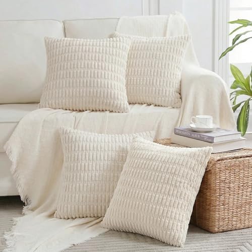 Fancy Homi 4 Packs Decorative Throw Pillow Covers for Living Room Couch Bed, Modern Farmhouse Boho Home Décor Accent Cushion Case, 18" x 18", Cream by Fancy+Homi