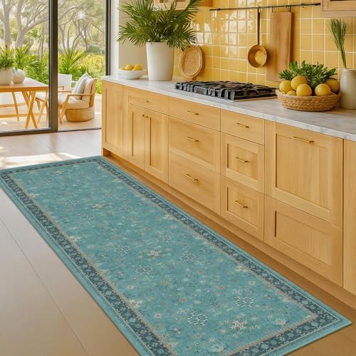 Boho 2'6"x8' Wide Hallway Runner Rugs - Teal 8ft Long Washable Door Rugs for Entryway Indoor, Non Slip with Rubber Backing, Vintage Floral Indoor Décor, Low Pile & Soft Carpet - Image 3