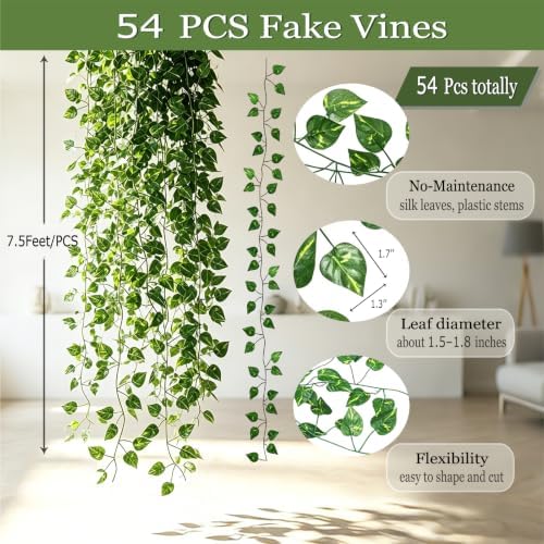 54 Pack 405ft Fake Vines Hanging Greenery Garland, Faux Leaves Plants, Artificial Ivy Vines for Bedroom Wall Decor, Garden & Outdoor Wall Decoration - Image 2