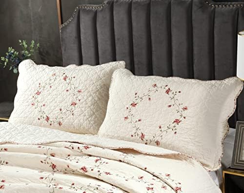 vctops 2-Piece Elegant Floral Embroidered Pillow Shams King Size 100% Cotton Quilted Decorative Pillow Shams Set (Cream,20"x36") - Image 3