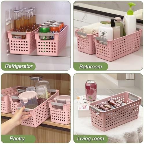 Soddeph 4 Pack Slim Plastic Storage Basket with Handles, Rectangular Storage Bins for Shelves,Narrow Organizer box for Organizing, Kitchen,Home,Office(Pink, Small) - Image 6