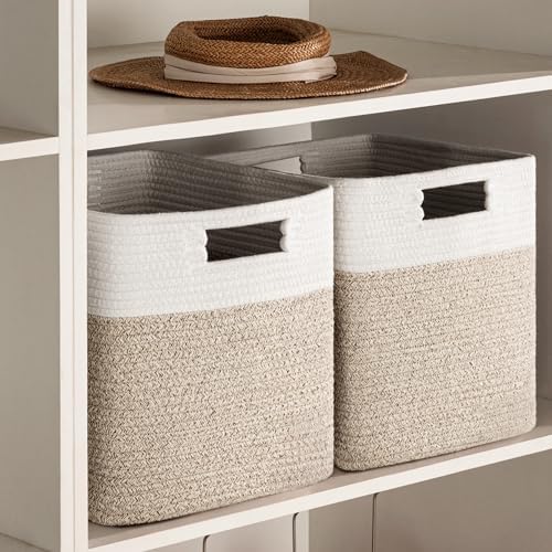 UBBCARE Set of 4 Storage Basket-12 X 12 X 12 in, Cotton Rope Basket for Shelves, Toys, Book, Cube Storage Bins with Handles, Woven Storage Basket for Organizing, White Brown - Image 6