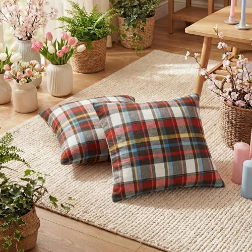 AVOIN colorlife Spring Summer Red Brown Blue Plaid Decorative Throw Pillow Covers, 18 x 18 Inch Holiday Scottish Tartan Cushion Case Farmhouse Decoration for Sofa Couch Set of 2 - Image 4