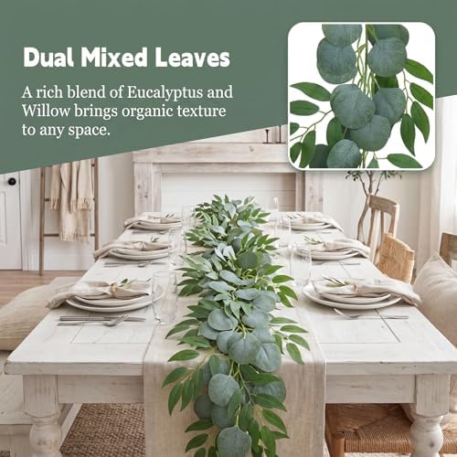GREENTIME 4Pack 6.5Ft Artificial Eucalyptus Garland with Willow Leaves - Image 3