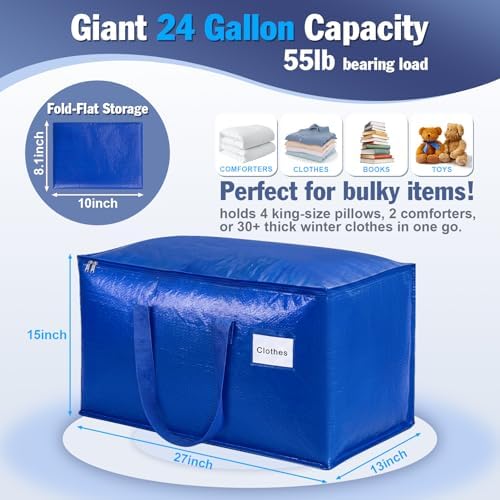 KYODOLED 4 Pack Blue Moving Bags, 24 Gal Large Storage Totes for College - Image 3