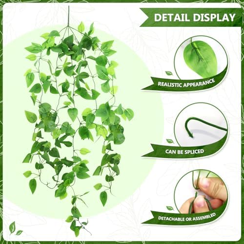 2-Pack Fake Hanging Plants, Faux Hanging Plant Artificial Greenery for Living Room Bedroom Boho Wall Shelf Indoor Outdoor Decor (Green Pothos Ivy Vines) - Image 2