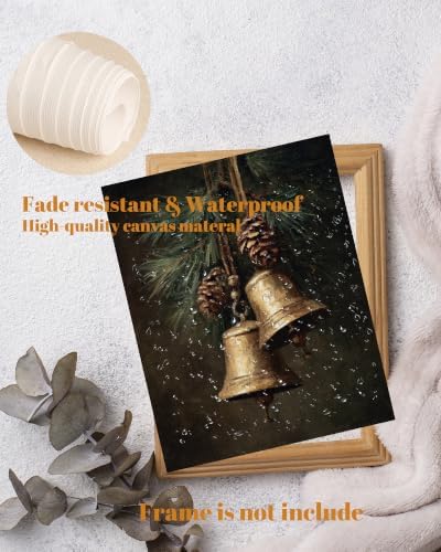 ZBJLLK Vintage Christmas Bells Canvas Wall Art, Gold Brass Bells Pine Cone Still Life Oil Painting Style Print, Premium Canvas Material & Ready to Frame, for Living Room Bedroom Fireplace Entryway Home Decor, 8x10Inch Unframed - Image 3