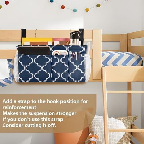 Bedside Caddy Hanging Bunk Bed Caddy Bed Organizer Hanging Pocket with 2 Hooks Bedside Storage Organizer Pocket Bag Holder Navy Blue Geometric Quatrefoil - Image 6