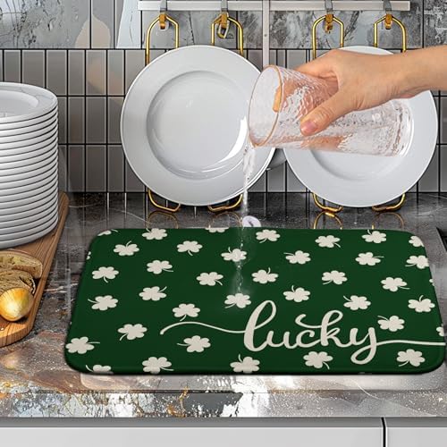 St Patrick Shamrock Drying Mat for Kitchen Counter Green White Lucky Clover Drying Dish Mat St Patricks Day Absorbent Microfiber Dish Drying Pad Reusable Dry Mat 16 x 18 Inch - Image 5