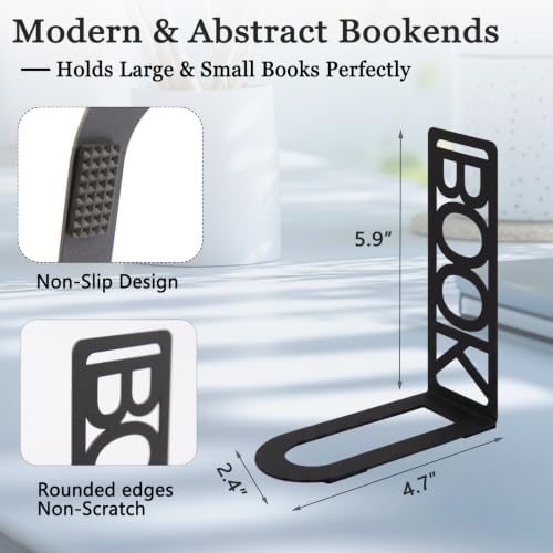 Book Ends for Shelves Set of 6, Black Modern Minimalist Metal Bookends Decorative Book Holder for Home Office Desk Bookshelf Decor Book Shelf Organizer - Image 3