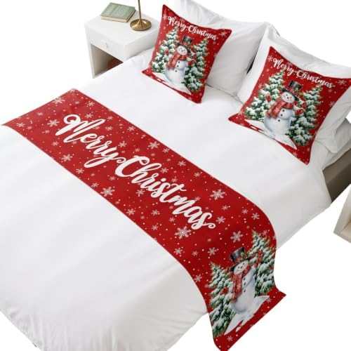 Merry Christmas Bed Runners for Queen Size Beds Winter Snowman Red Bed Scarf Matching Decorative Throw Pillow Covers Xmas Trees Snowflakes Hotel Beds End Blanket Towel Bedspread Protection for Home by Unknown