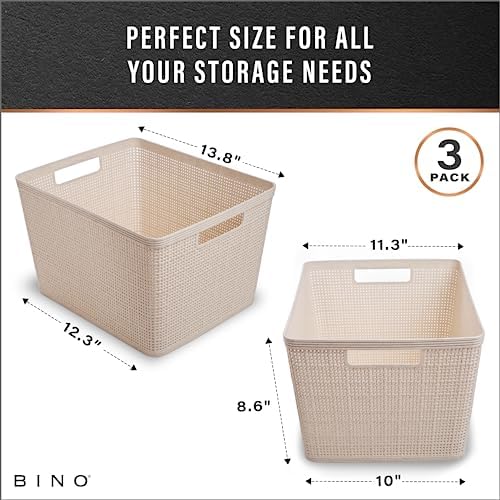 BINO Woven Plastic Basket | Large (Natural), 3-Pack | THE JUTE COLLECTION | Home Organization, Space-Saving Storage, Stylish Design | Plastic Storage Basket - Image 3