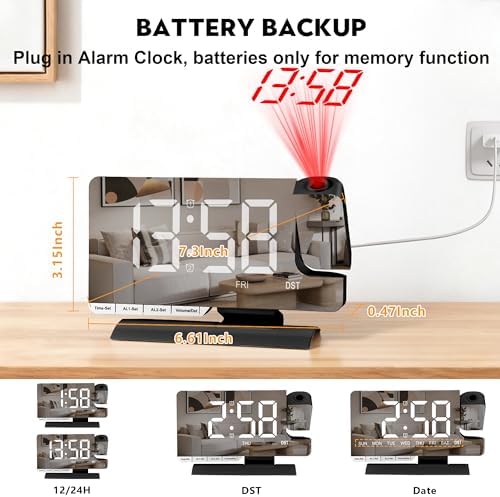 SZELAM Digital Clock,Alarm Clock Bedside with Projection,7.3" Mirror Clock with 180°Rotating Projector,Dual Alarm with 3 Mode,Brightnee Adjust,DST,Snooze,Charging Port,5 Levels Volume for Desk Teens - Image 3