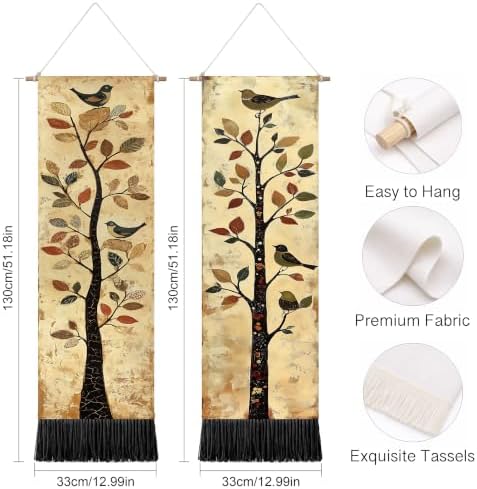 seewan 2 Pack Long Vertical Wall Tapestry, Boho Nature Landscape & Floral Aesthetic Wall Hanging for Bedroom Living Room Home Decor, Long Narrow Art Tapestry with Sunrise Mountain Botanical Designs, 13" × 51" (Vintage Bird Tree, 13"Wx51"H, Unframed) - Image 3