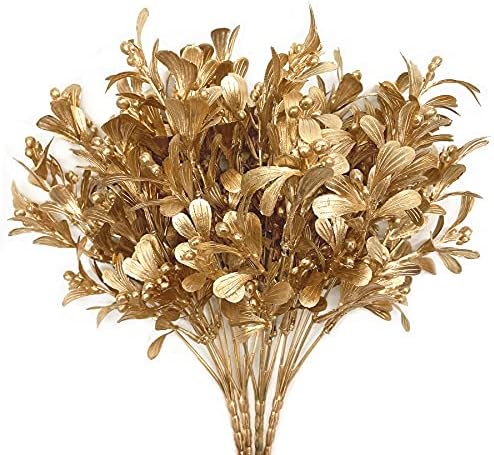 PASYOU Fake Plants Christmas Decorations, Golden Artificial Flowers Plastic Grass Shrubs Leaves Indoor Outdoor Home Garden Party Hotel Verandah Wedding Event Bouquet Faux DIY Decor - Gold 4 Pack by PASYOU