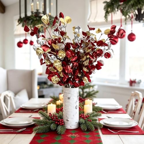 6Pcs Artificial Christmas Eucalyptus Stems 27.55 Inch Red Gold Silver Silk Faux Leaves Flexible Branches for Vase Table Centerpiece Xmas Home Wedding Decor by Unknown