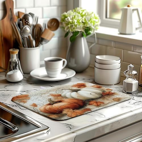 Fall Dish Drying Mat for Kitchen Counter Autumn Thanksgiving Orange White Pumpkin Drying Mats 16x18 Inch Vintage Maple Leaf Holiday Draining Pad Microfiber Absorbent Dish Drainer Rack Mat - Image 6
