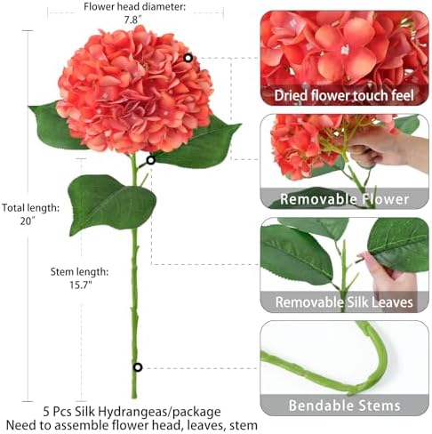 ZYTUYO 5 Pcs Orange Silk Hydrangeas Aritificial Flower Boho Dried Touch 20'' Faux Hydrangeas for Fall Home Decor Kitchen Living Room Porch Wreath Xmas Wedding Flower Arrangement - Image 4