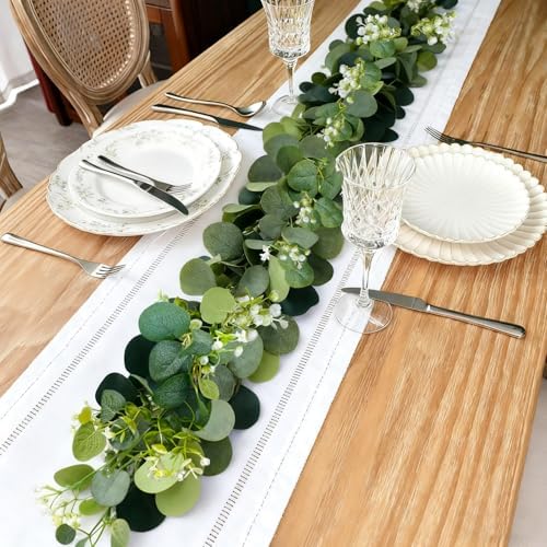 4 Packs 5.74 Ft Artificial Eucalyptus Garland Leaves with Flowers Artificial Fake Greenery Hanging Vines for Wedding Table Home Stairs Decor Decorations Garland for Mantle - Image 6