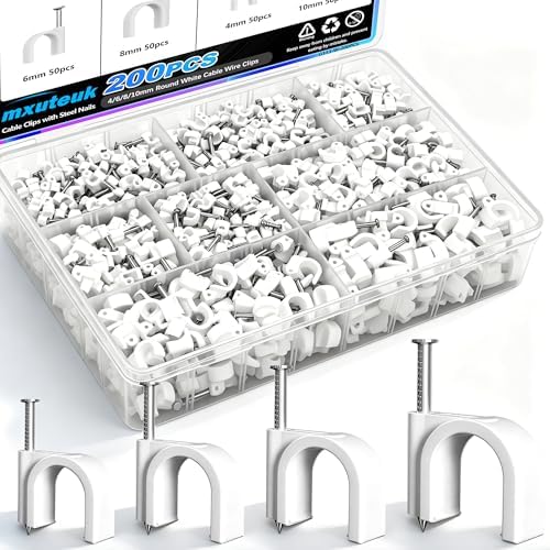 mxuteuk 200PCS Cable Clips with Steel Nails,4/6/8/10mm Round White Cable Wire Clips,Wall Clips for Cords,Cable Cord Clips for RG6 RG59 CAT6 RJ45 by mxuteuk