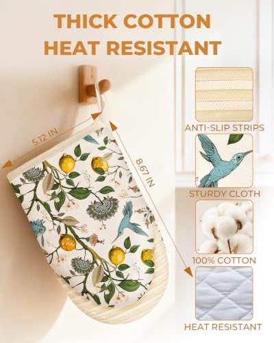 100% Thick Cotton Mini Oven Mitts Silicone Grip Lemon & Birds - Image 2