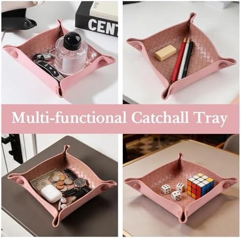 KINIVA 2 Pack PU Leather Jewelry Valet Tray for Men Women,Small Key Bowl for Entryway Table,Portable Travel Catchall Dice Tray (Square-Pink-2pcs) - Image 4