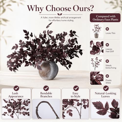 HyeFlora Artificial Cimicifuga Plant Leaf Spray Stems 4PCS Fake Greenery Branches 28.7 in Faux Leaves Real Touch Silk Plants DIY Stem for Vase Festival Home Kitchen Garden Farmhouse Decor (Burgundy) - Image 4