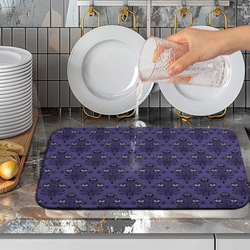 Happy Halloween Dish Drying Mat Haunted Ghosts Drying Mats Purple Spooky Skull Scary Dishes Drying Pad Microfiber Absorbent Reversible Dish Drainer Rack Mat for Kitchen Counter 16x18 - Image 5