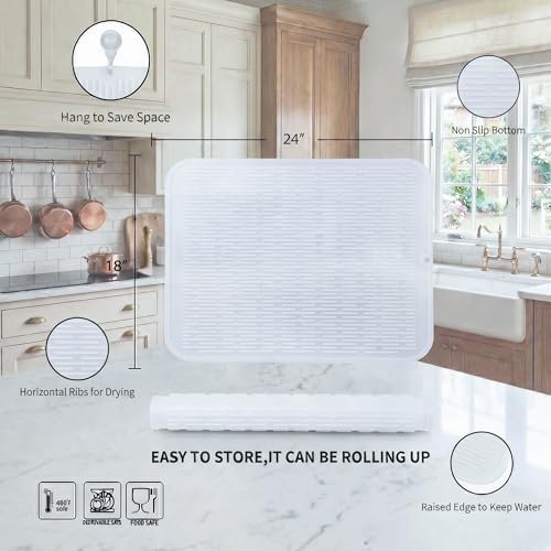 MicoYang Silicone Dish Drying Mat for Multiple Usage,Easy clean,Eco-friendly,Heat-resistant Silicone Mat for Kitchen Counter or Sink,Refrigerator or Drawer Liner Translucent 2XL 24 inches x 18 inches - Image 2