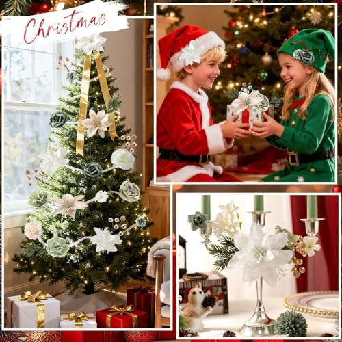 Christmas Artificial Flowers Set with White Poinsettia, Fake Roses and Greenery for DIY Christmas Decor - Wreath, Tree Ornaments, Wedding Bouquets, Centerpieces, Home Floral Arrangemen - Image 4