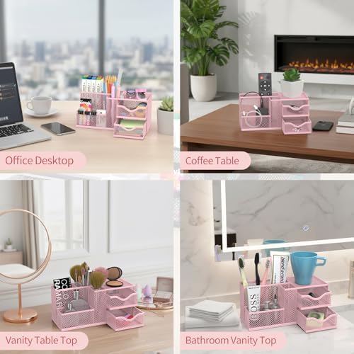 Mesh Desk Organizer with 2 Drawers, Metal Pen Holder for Desk, Pink - Image 7