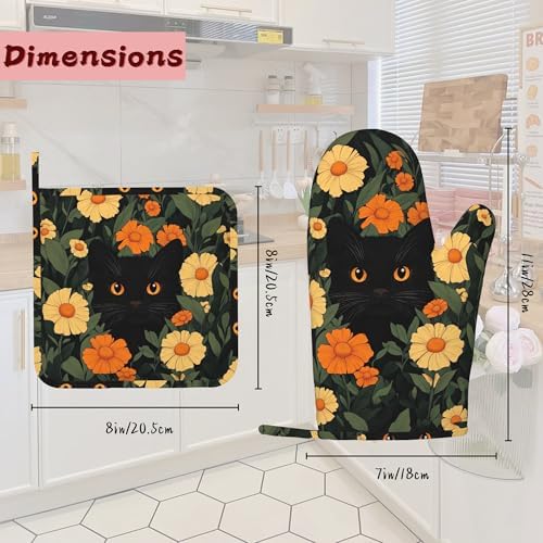 Black Cat Flowers Heat-Resistant Silicone Oven Mitts and Pot Holder 4 Piece Set,Non-Slip Kitchen Oven Gloves for Baking, BBQ, Cooking,Grilling - Image 2