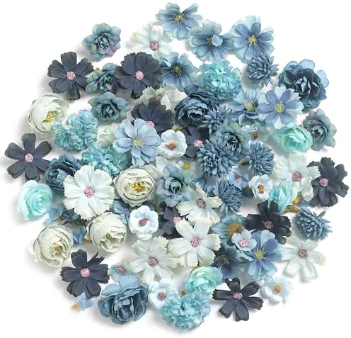 rongflower Faux Flower Heads Small Silk Artificial Flower DIY Fake Mini Flowers Rose Daisy Multicolor Flowers Craft Supplies for Wedding Party Wreath Graduation Season Party Home Decor (125, Blue) by rongflower