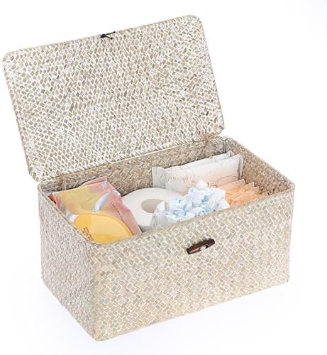 Sumnacon Wicker Basket with Lid,Tampon Holder for Bathroom,Whitewash,Medium by Sumnacon