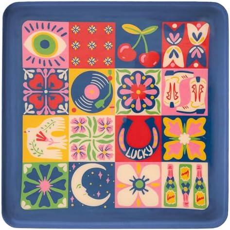 Karma, Enamel Trinket Tray, Square Colorful Ring Bowl, Jewelry Dish Tray for Rings Bracelets Necklace, Large, Tile by KarmaGifts