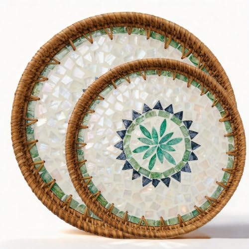 Boho Handwoven Rattan Tray with Mother of Pearl Inlay, 35 and 30cm Round Decorative Trays, Wooden Base Serving Tray Coffee Table & Wall Hanging Decor (2 Suites, Pattern:GreenSun) by Unknown