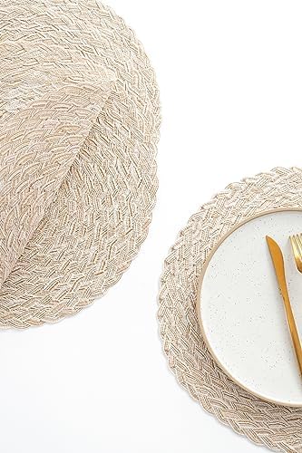 Floroom 15 Inch Round Braided Placemats Set of 4, Washable Heat Resistant Cotton Polyester Circle Boho Place Mats for Kitchen Dining Table - Canvas Beige - Image 3